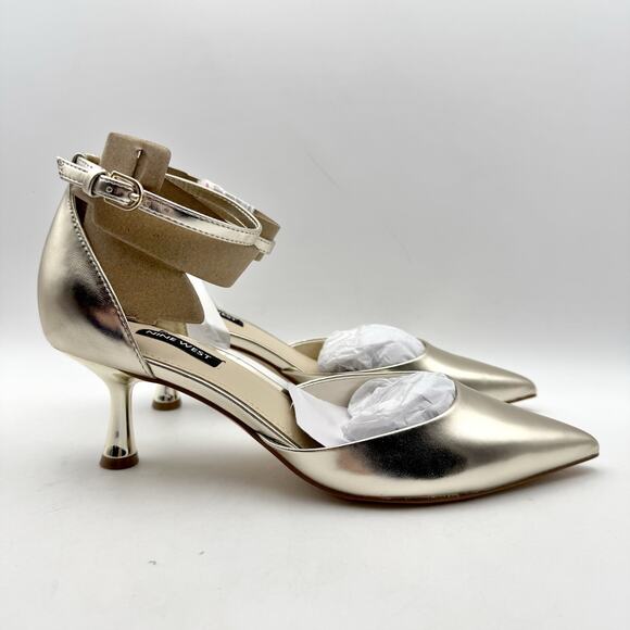 Nine West Womens Racha High Heels US 7.5 M Gold Vegan Leather Closed Toe NIB - Picture 3 of 12